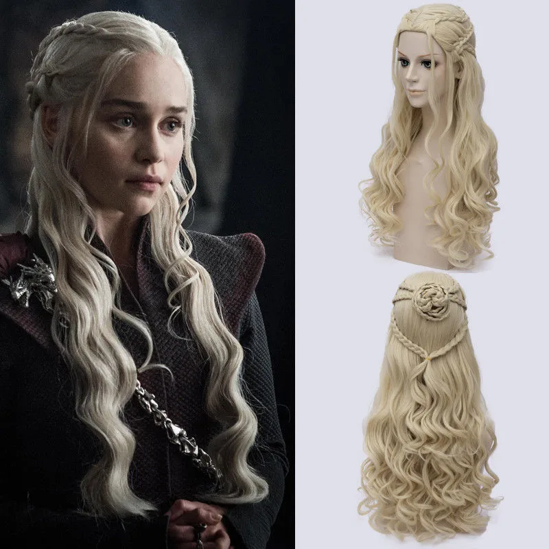 

Game of Thrones Daenerys Targaryen Cosplay Gold Wig Dragon Mother Long Wavy Blonde Hair Wigs Halloween Party Costume Wig