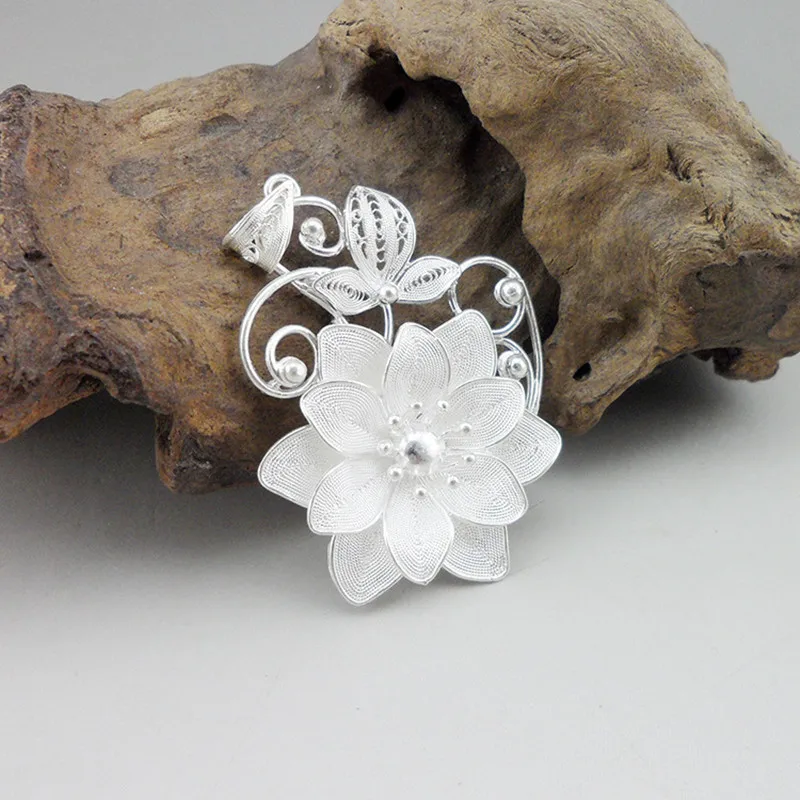 

Necklaces Pendants Flowers 999 Sterling Silver Pendant Chinese Handmade Miao Luxury Jewelry Silver Pendant Drop Ornaments