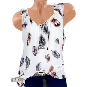 

5XL Plus Large Size Blusa Women's Blouses Summer Tops New Leisure Blouse White Loose Feather Print V Neck Sleeveless Shirts Top