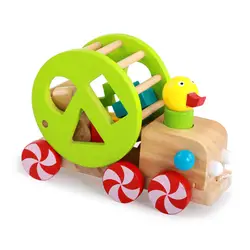Детские игрушки деревянные мудрость утенок на колесах Младенческая форма соответствующие цвета познание Drawstring малыш игрушки Раннее