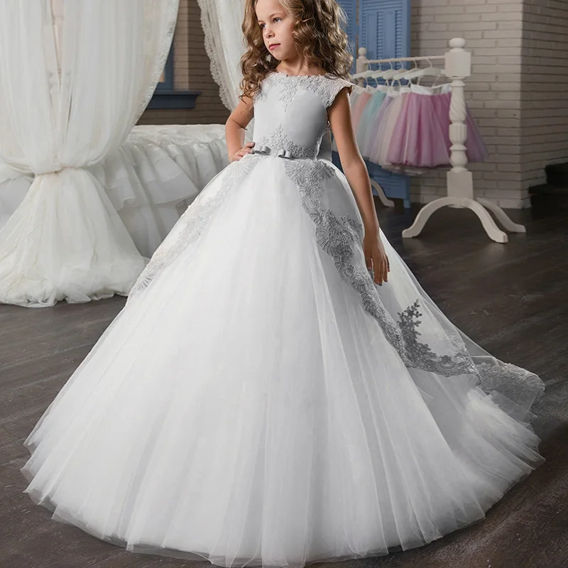 Элегантное нарядное платье для девочек, одежда для первого праздника, платья для девочек с цветочным узором на свадьбу, Детский костюм, кружевное платье для подружки невесты - Цвет: gray