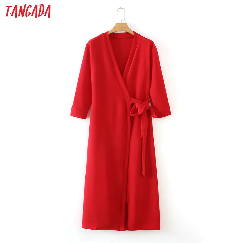 Tangada красное платье элегантное платье на запах платье с запахом платье ниже колена длина миди платье с V-образным вырезом с рукавом 3\4 платье с поясом классическое платье красного цвета 1F01