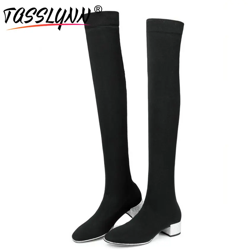 

TASSLYNN 2018 Women Boots Elegant Stretch Square Heels Over The Knee Boots Long Boots Fashion Round Toe Women Shoes 34-39