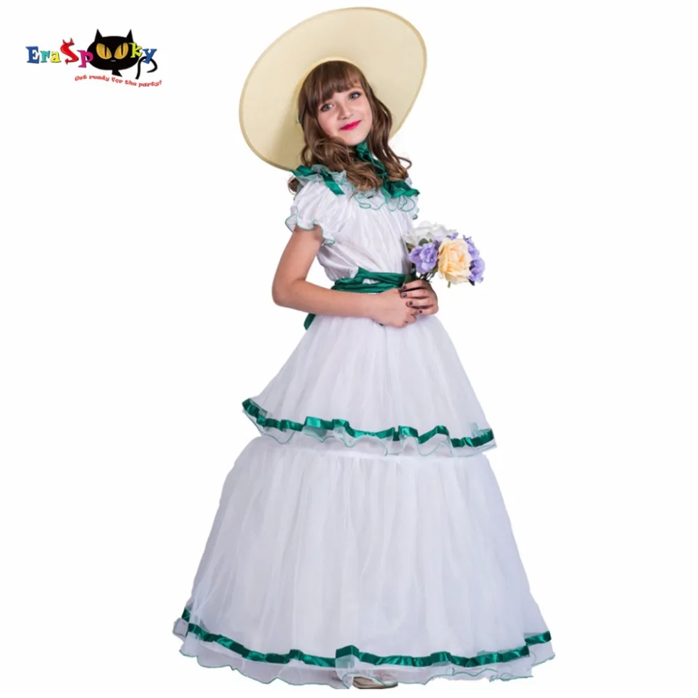 

Southern Belle Layer White Princess Dress With Hat 2018 Elegant Long Birthday Party Dresses For Girl Halloween Costume Cosplay