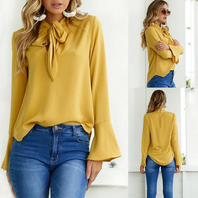 Womens Long Sleeve Casual Loose Yellow Shirts Top Ladies Work T Shirts