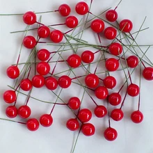 100 pçs mini bagas de plástico frutas falsas pequena pérola artificial flor estames cereja casamento diy presente caixa decorada grinaldas de natal