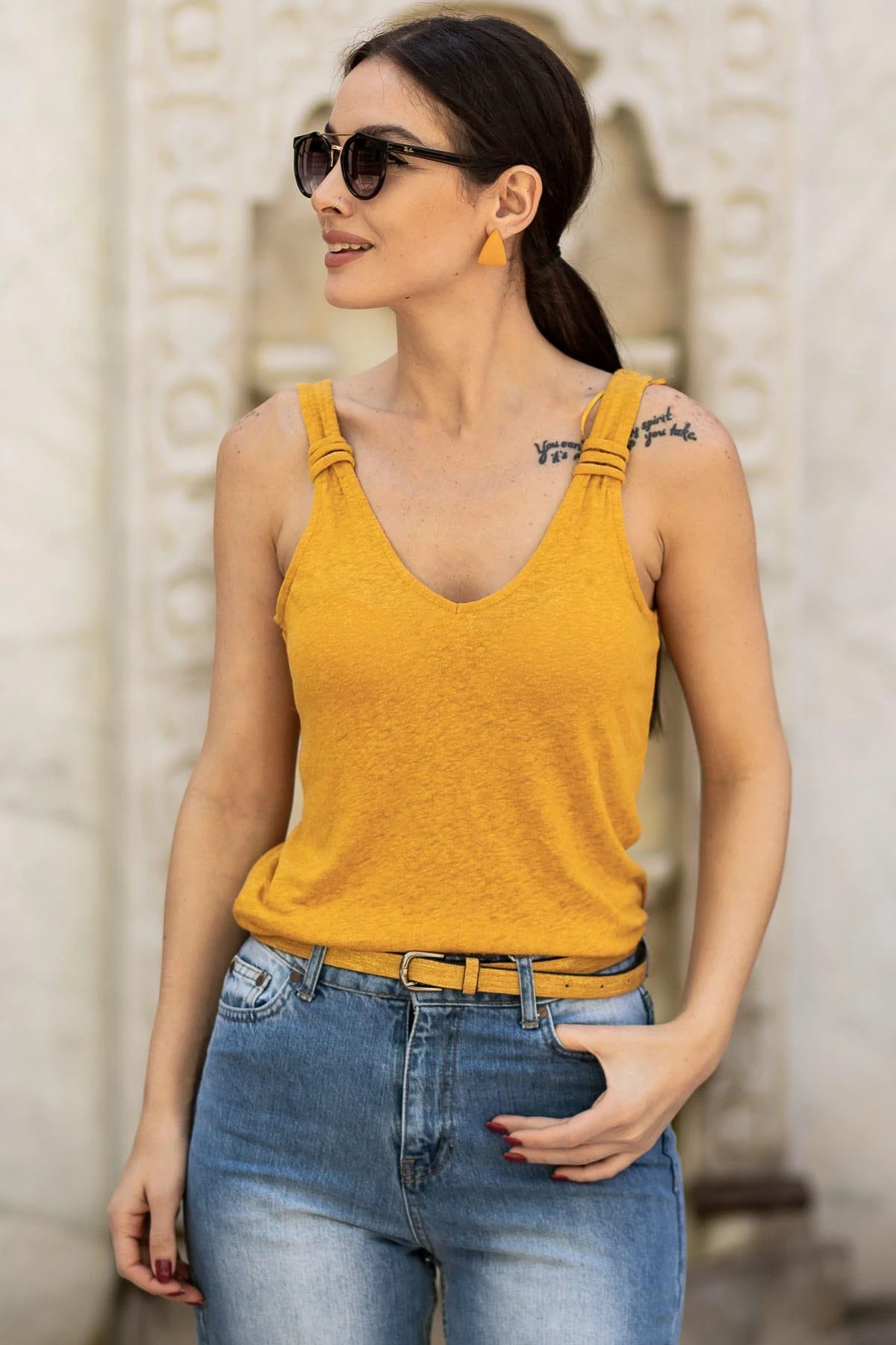 Armonika para mujer de color mostaza de Askılı impresión de 19Y044034|Blusas y camisas| - AliExpress