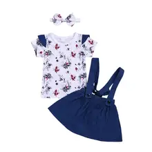 Комплекты одежды для маленьких девочек, топы с цветочным принтом, футболка, юбка на подтяжках, 2 предмета, Повседневная Милая одежда