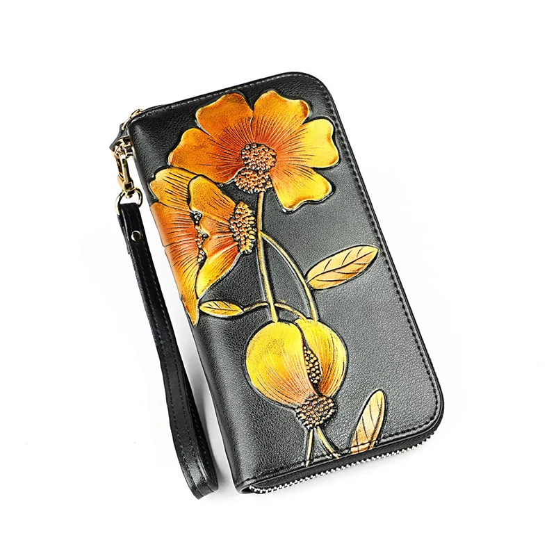 Модный женский кошелек из натуральной кожи с цветочным принтом, Женский Длинный кошелек, женский клатч, сумка для денег, кошелек для монет, карман для телефона, Portomonee