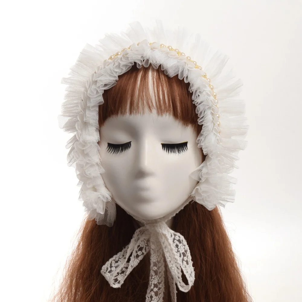 

Lolita Women Victorian White Bonnet Colonial Prairie Costume Hat Maid Home Cap