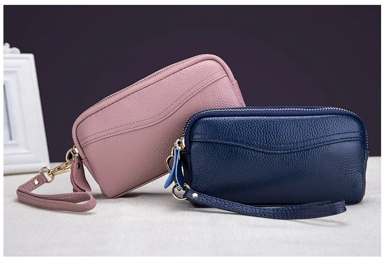 MJ Women Genuine Leather Clutch Bag Double Zipper Solid Cow Leather Day Clutch Small Female Long Wallet Phone Bag High Capacity (5)