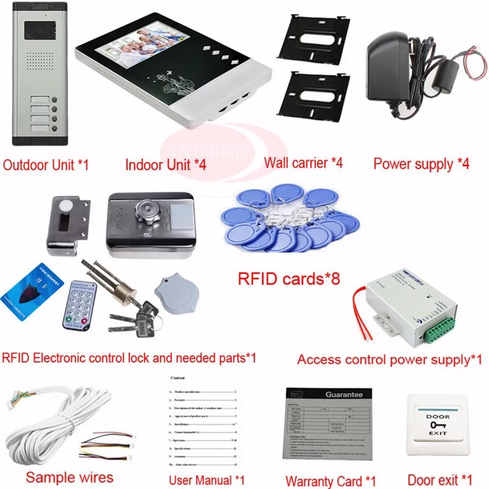 Для 4 квартиры домофон видеодомофон + RFID с электронным замком 12 В контроль доступа Электропитание видеодомофон