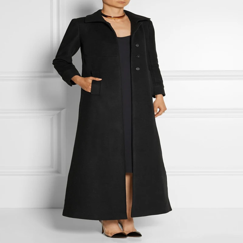 Женское пальто с отложным воротником Manteau femme черное повседневное длинное