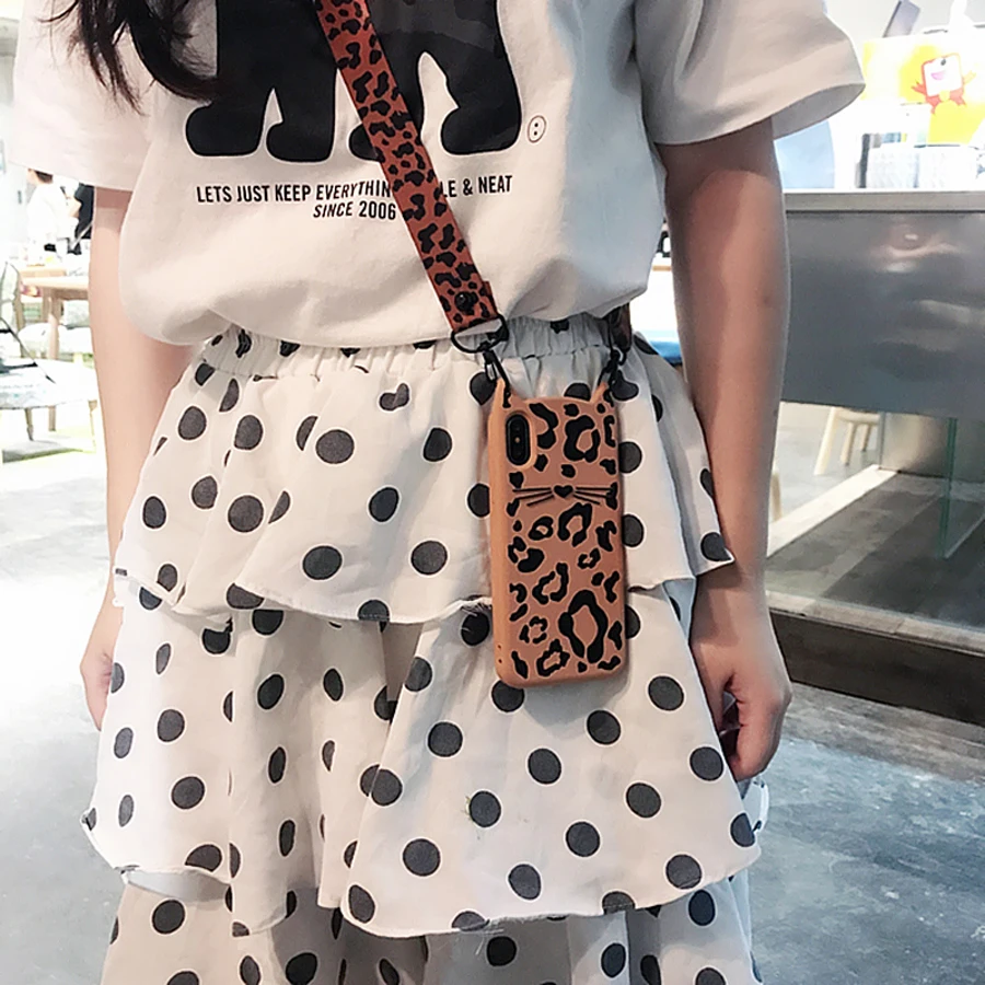 

case for iphone XS MAX XR 7 8 6 6S plus 5s se X case cover 3d leopard beard cat with shoulder strap soft silicon phone bag capa