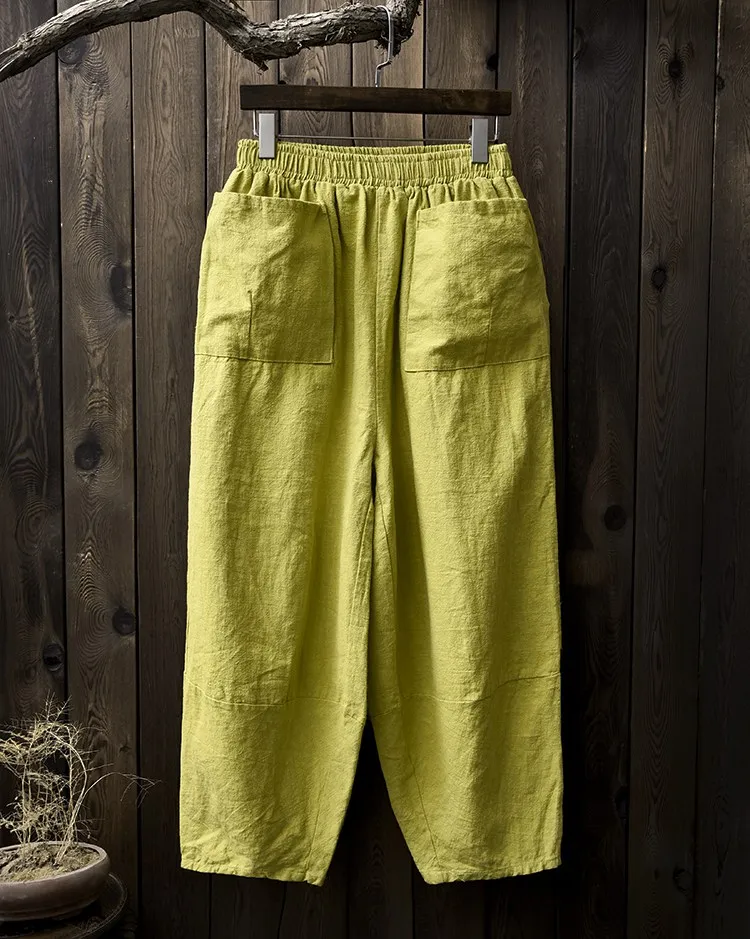 Женские штаны-шаровары с эластичной талией из хлопка и льна, однотонные, желтые, красные, серые, повседневные Летние штаны капри, дизайн, шаровары B173