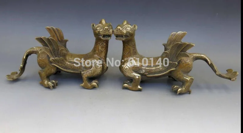 

8"Chinese Brass Copper Animal Fengshui Foo Dog Lion pair Statue sculpture