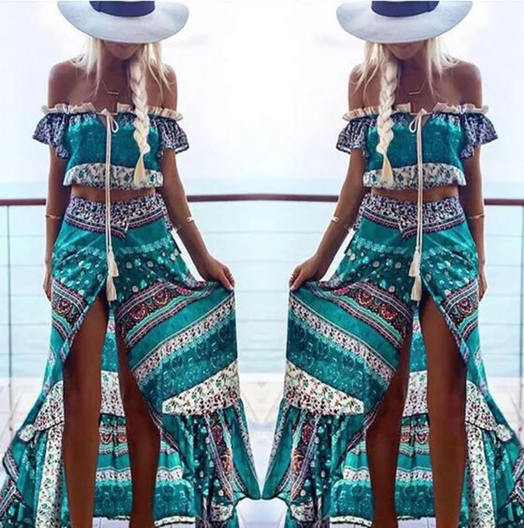 

Women summer dress 2019 fashion new arrival flower print off shoulder bohemian sexy 2 pieces maxi dresses vestidos BLK3233