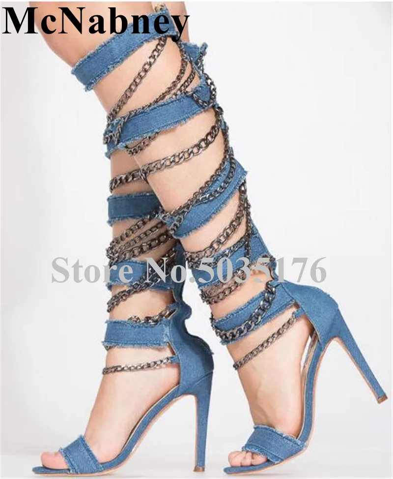 

2019 European Sexy Solid Demin Metal Chain Peep Toe Stiletto Heel Knee-High Cover Heel Zip Western Boots Summer Women Boots