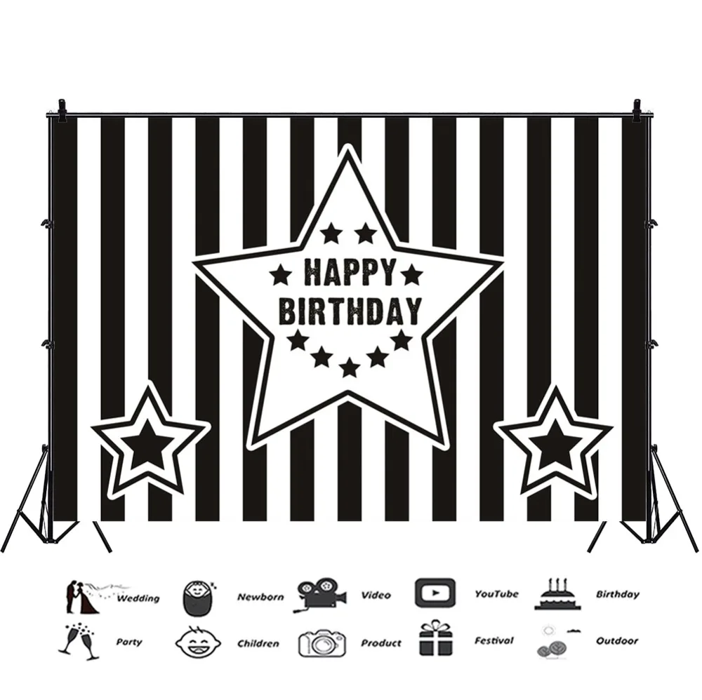 Laeacco Black White Stripes Star Happy Baby Birthday Party Poster Banner Photo Background Photography Backdrops For Photo Studio