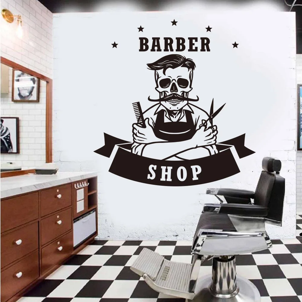Large Hairdresser Skeleton Barber Shop Wall Sticker Barber Barbershop Hair Skull Wall Decal Vinyl Home Decor (1)