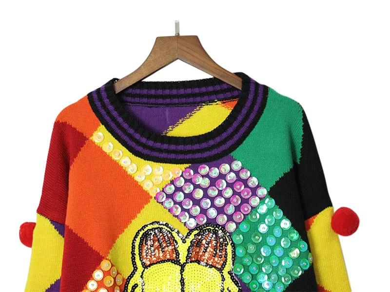 2018 Autumn New Fashion Women Short Sweaters Full Sleeve O-Neck Sequined Colored plaid stripes Pullovers Computer Knitted tops