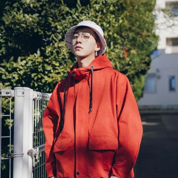

2018 Autumn New Men Japan Style Fashion Tide Pocket Decoration Even Cap High Quality Solid Color Loose Casual Jacket Coat M-XL