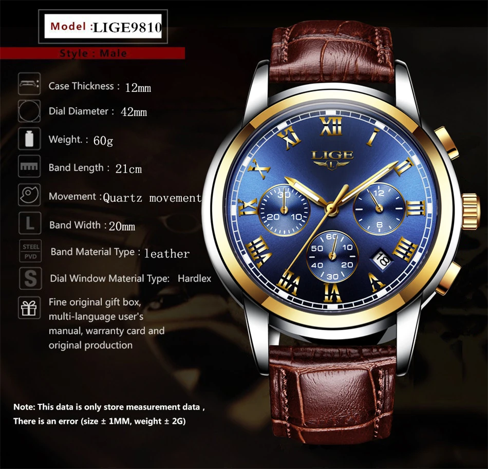 LIGE мужские s часы Топ бренд класса люкс кожа повседневные кварцевые часы мужские военные спортивные водонепроницаемые часы золотые часы Relogio Masculino