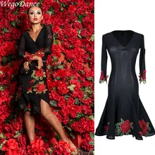 Сексуальный Латинской Танцы платье вышивка акробатические костюм Длинные рукава Танго Платья