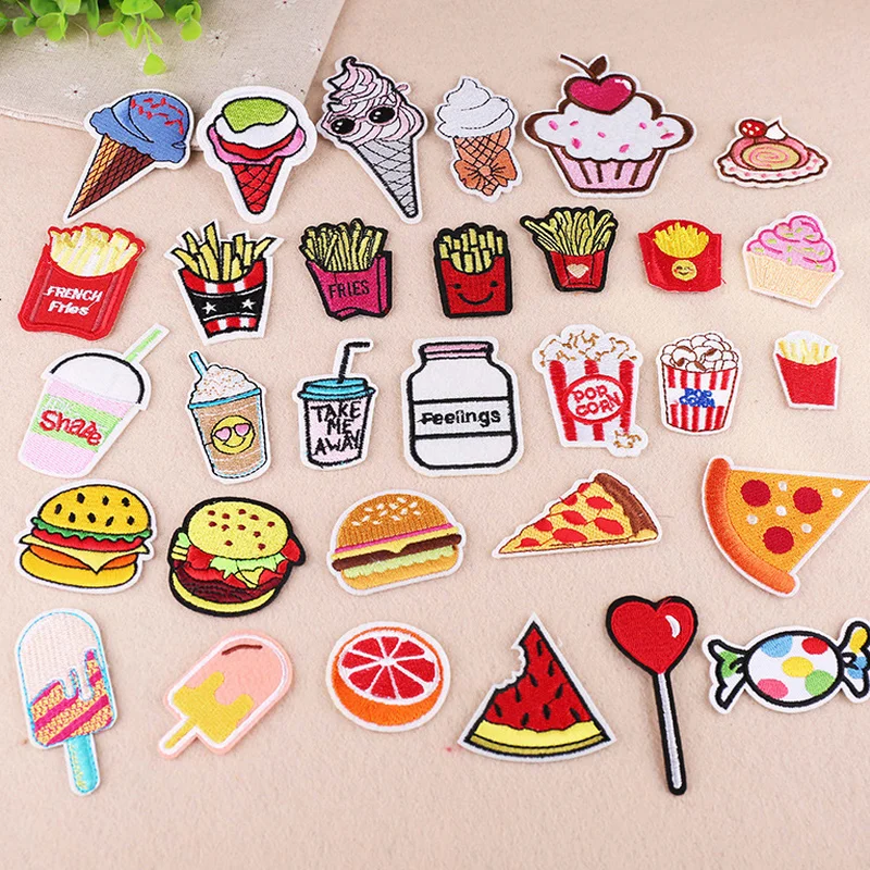 50pcs/lot Fun Embroidery Patches for Clothing Heat Transfer Diy Cute Decoration Flower Ice Cream Cartoon Sewing Accessories