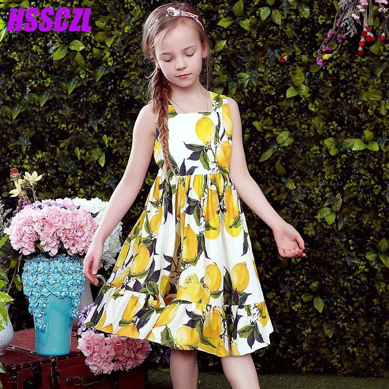 

2017 new girls dresses Lemon printing girl dress summer wholesale high - end brand children 's dress princess sleeveless flowers