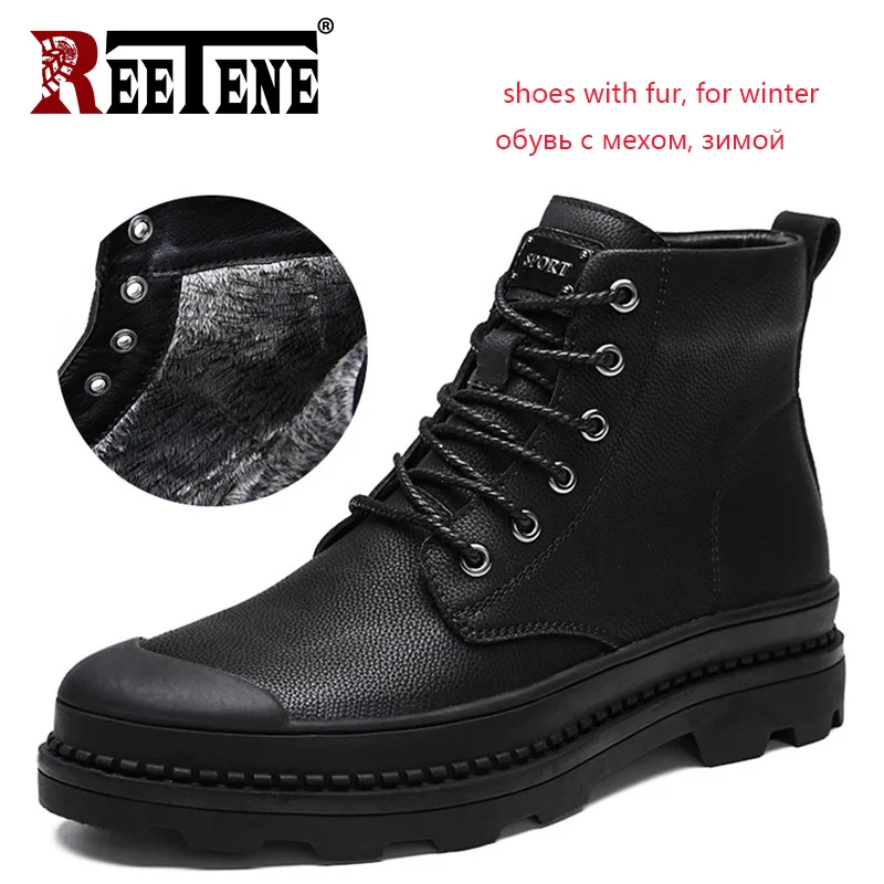 

REETENE Warm Men Winter Shoes Full Grain Leather Men Winter Boots Size 38-47 Lace Up Ankle Boots Men'S Shoes Comfort Sneakers