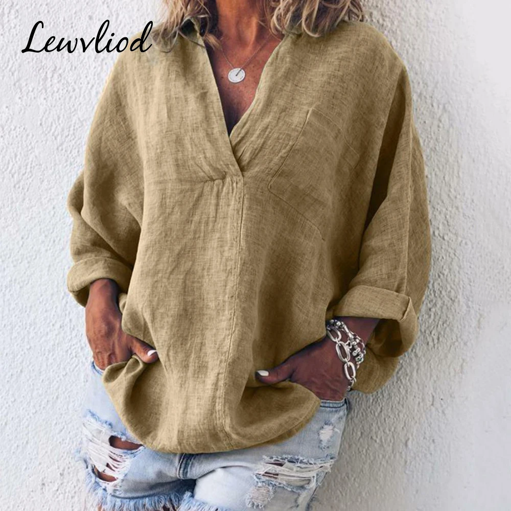 

Plus Size Tunic Cotton Linen Womens Tops And Blouses Loose V Neck Long Sleeve Women's Shirt Casual Pocket Ladies Blouse 5XL