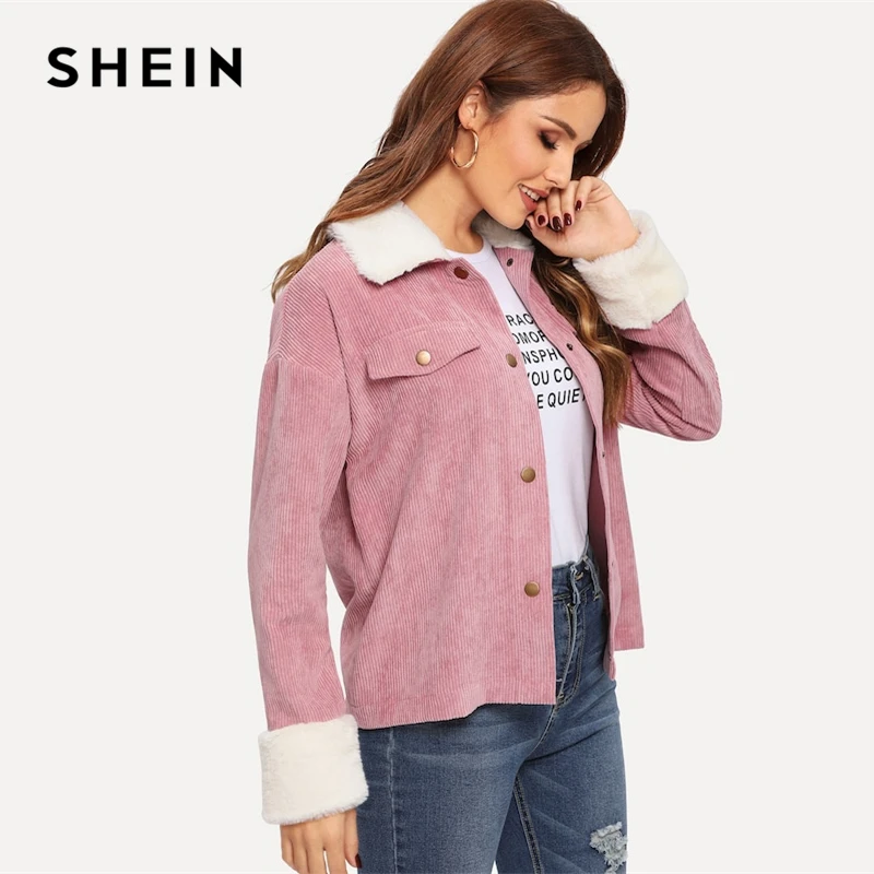 price reduction SHEIN Pink Contrast Faux Fur Detail Drop Shoulder Collar Jacket Autumn Single Breasted Casual Elega