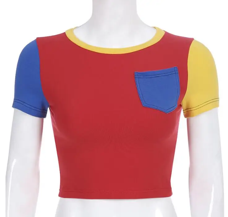 

New women's two-color sleeve pocket hit color T-shirt