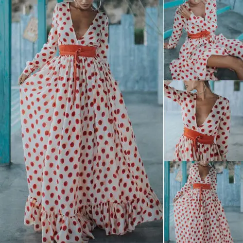 

Plus Size S-3XL Boho Womens Maxi Dress Long Sleeve Deep V-neck Summer Long Beach Sundress