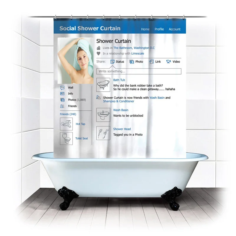 TH Facebook Waterproof Polyester Youtube Shower Curtain Social Fabric Bath Curtains Cortinas