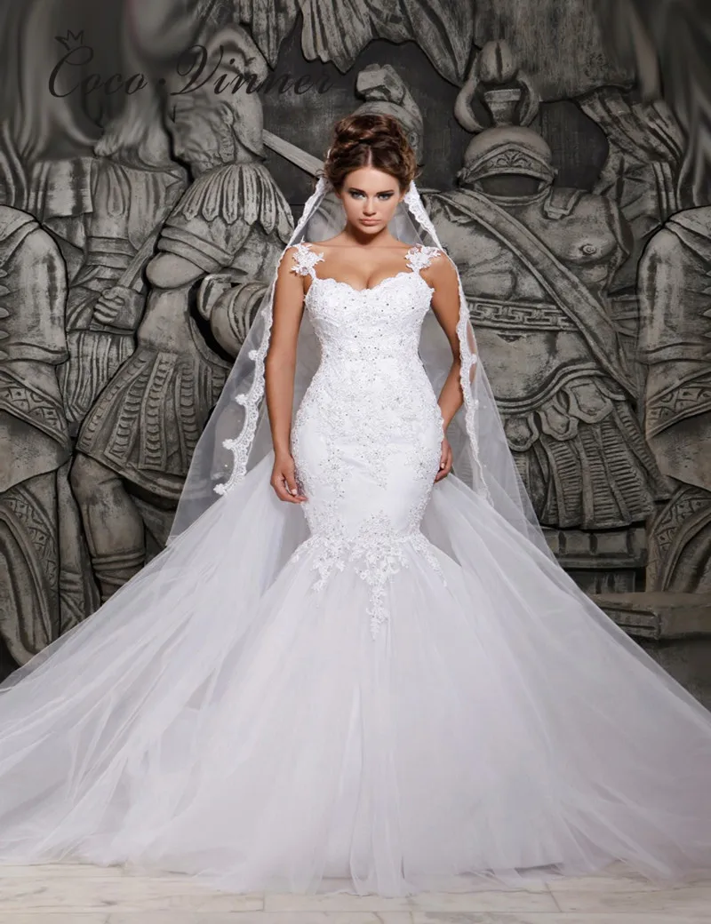

Sleeveless Detachable Train African Mermaid Wedding Dresses 2019 Illusion Back Crystal Beading Plus Size Wedding Dress W0014