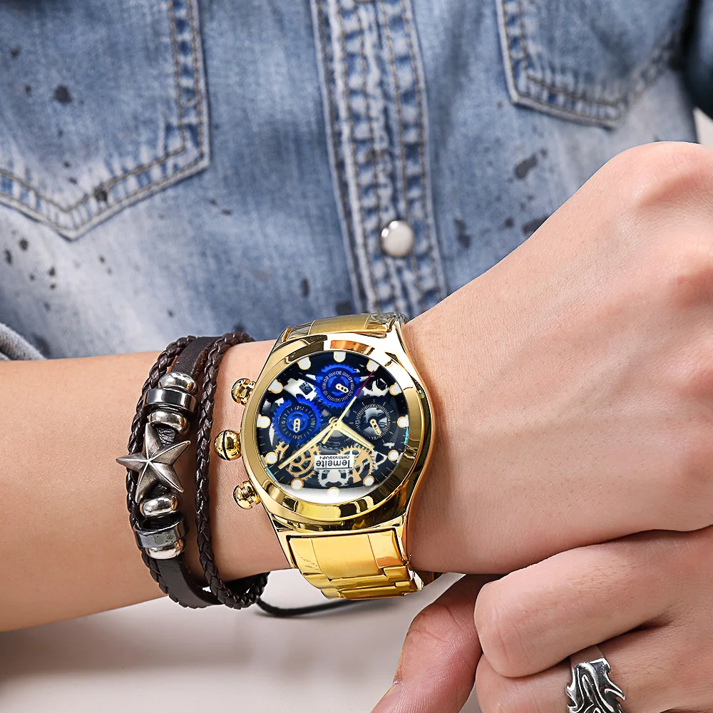 Мужские часы TEMEITE Брендовые мужские часы кварцевые роскошные золотые синие стальные мужские наручные часы водонепроницаемые креативные повседневные мужские часы