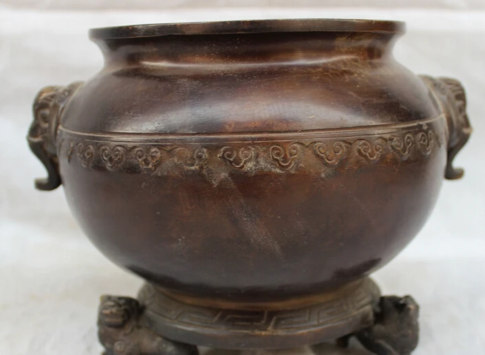 

JP S0608 Chinese Bronze Foo Fu Dog Lion Elephant Head Statue Bowl Incense Burner Censer