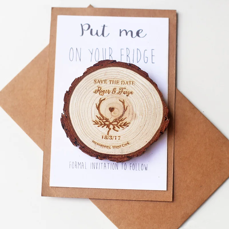 

Rustic Antlers wood slice save the date, vintage wedding Magnet, antlers wedding favors, personalized save the date magnet