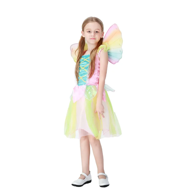 Cute Rainbow Angel Skirt Halloween Children Princess Dress Stage Performance Cosplay Angel Costume Girl Dance Dress