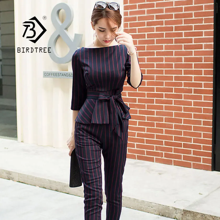 

2019 New Woman's 2 Piece Set Striped Top Lace Up Bow Half Sleeve Elastic Waist Nine Pants Diagonal Pocket OL Hot Sales S93105Z