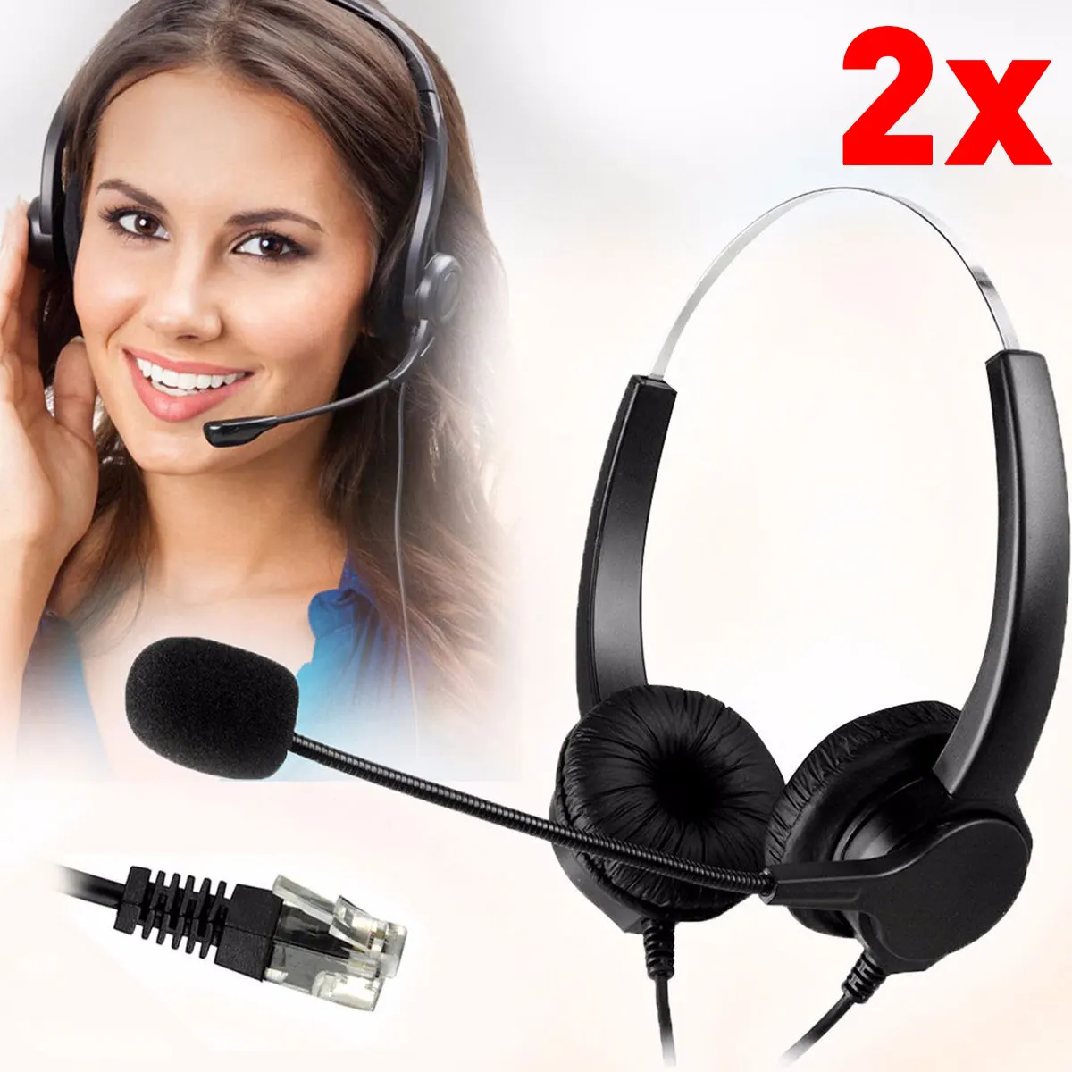 

2Pcs/Set Hands-free Call Center Headset Telephone Corded Wired Microphone Office Head Phone RJ11