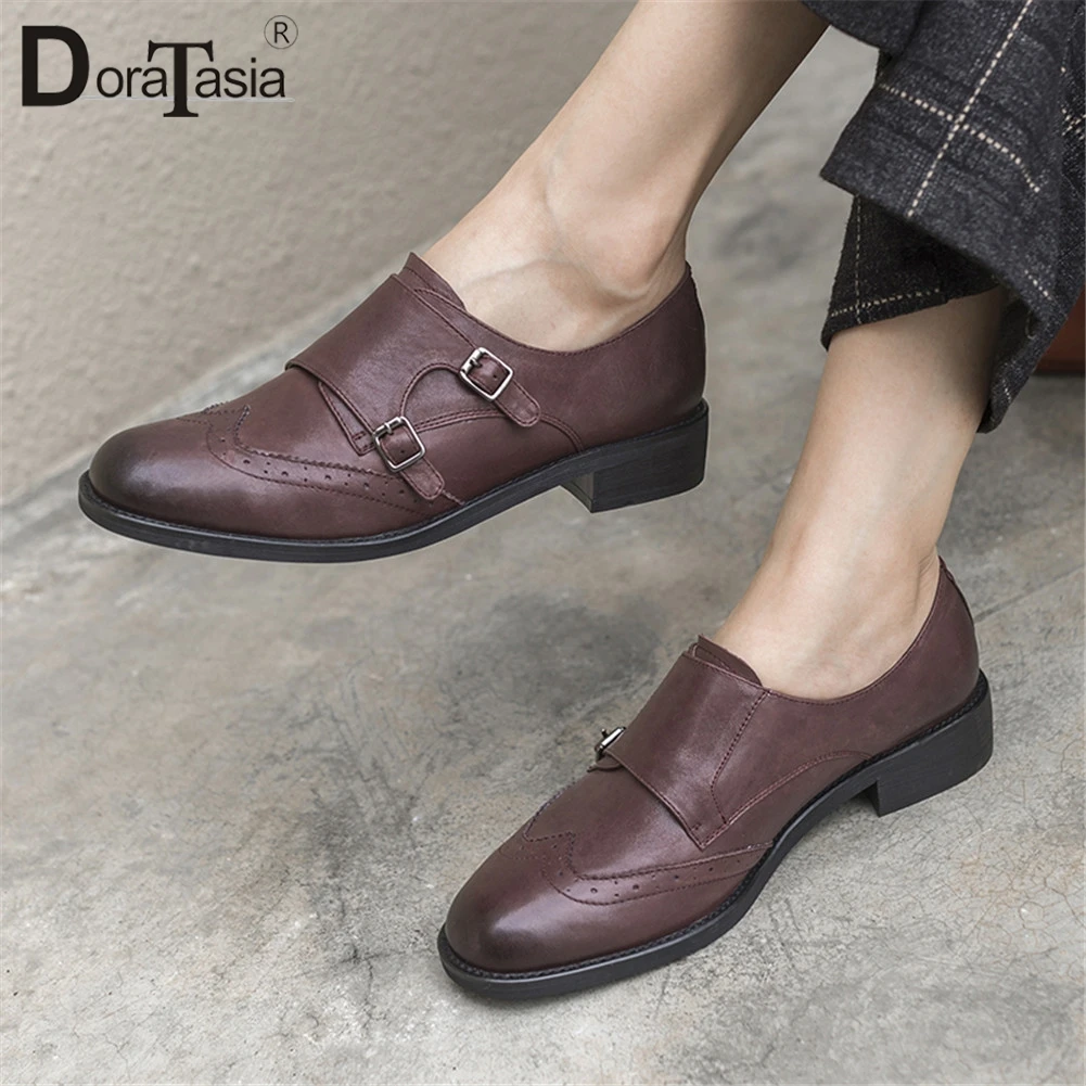 

DoraTasia Brand New Belt Buckle Genuine Leather Wide Low Heels Brogue Shoes Woman Casual Office Retro Spring Autumn Pumps