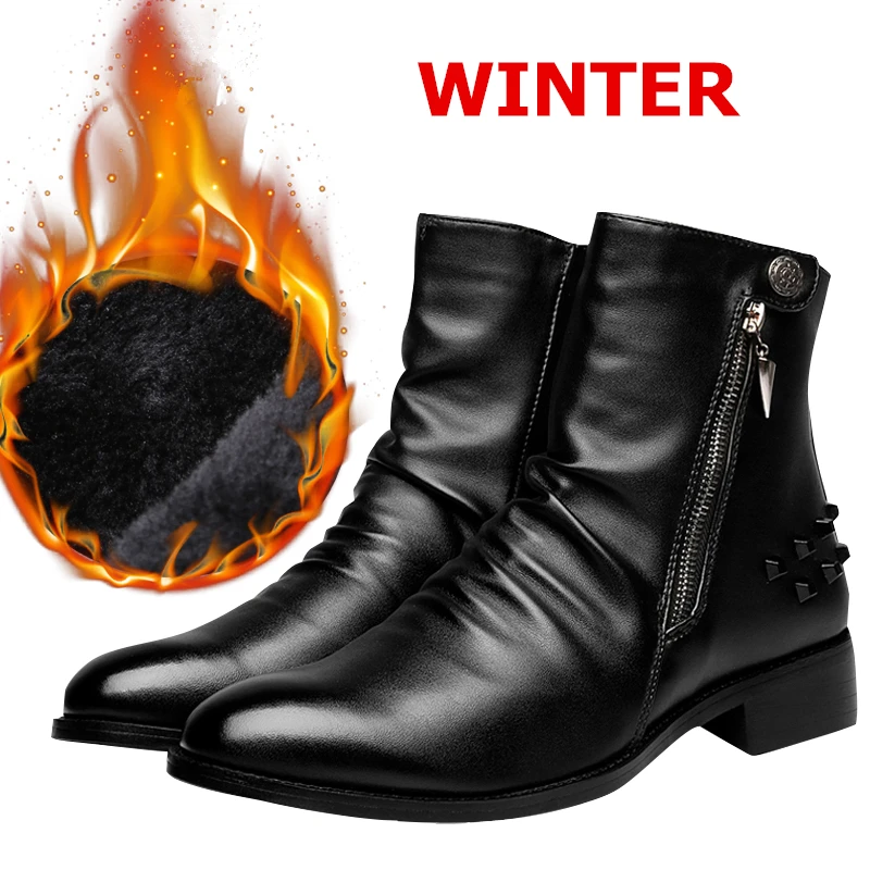 Misalwa/мужские ботинки челси с острым носком на молнии; мотоботы; зимняя обувь в британском стиле; мужские Ботильоны под платье, увеличивающие рост - Цвет: Winter