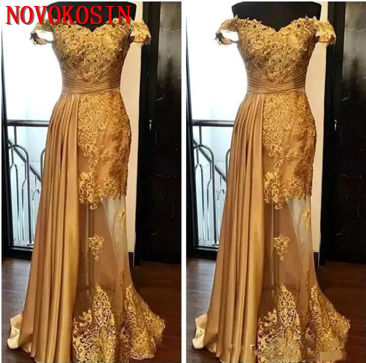 Elegant Gold Mermaid Avondjurk Nieuwste 2019 Sample Lace Kralen Prom Jurk Ruches Plus Size Illusion Rok Formele Partij Jassen