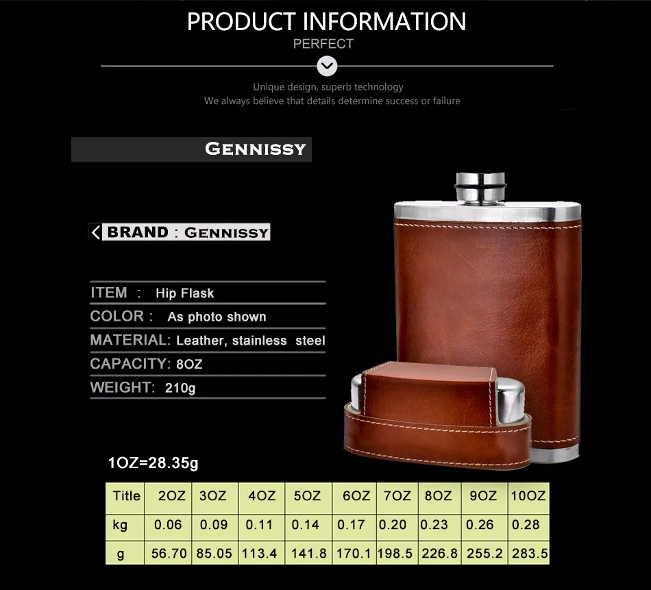 GENNISSY 8 унций портативная Кожаная набедренная фляжка+ 3 колпачки из нержавеющей стали+ 1 Воронка для виски, винного горшка для мужчин, для путешествий на открытом воздухе