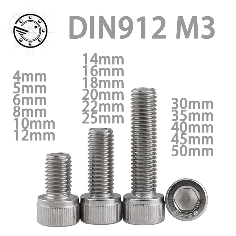 100pcs Metric Thread DIN912 M3 304 Stainless Steel Hex Socket Head Cap Screw Bolts M3*(4/5/6/8/10/12/14/16/18/20/22/25/30/35/40) 100pcs Metric Thread DIN912 M3 304 Stainless Steel Hex Socket Head Cap Screw Bolts M3*(4/5/6/8/10/12/14/16/18/20/22/25/30/35/40)
