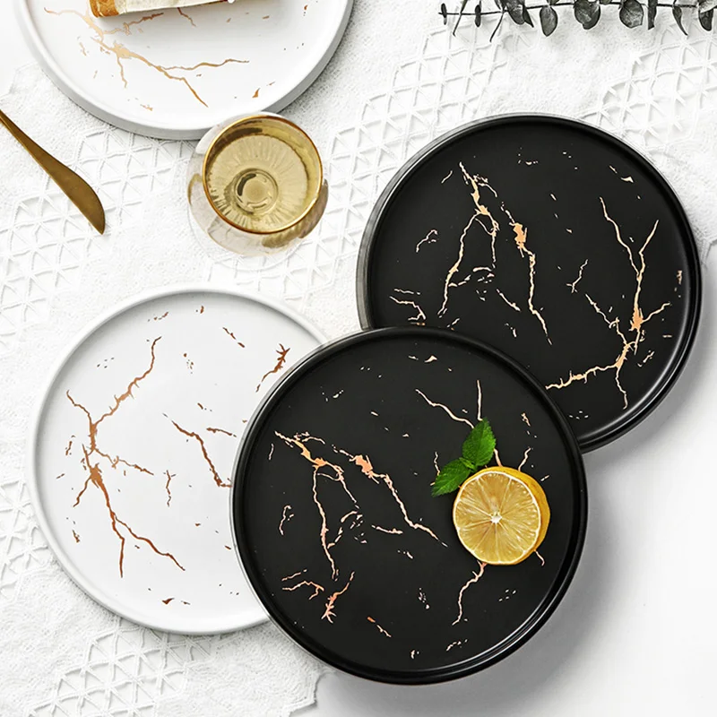 

Creative Marbled Gold Ceramic Steak Plate Home European Fine Personality Western Food Dinner Dishes Dinnerware Kitchen Plate