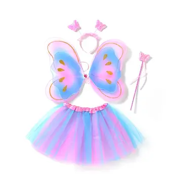 

4Pcs Butterfly Wings Set Kids Girls Fairy Double Layers Tutu Skirt Wing Magic Wand Headband Cosplay Clothes Party Costume